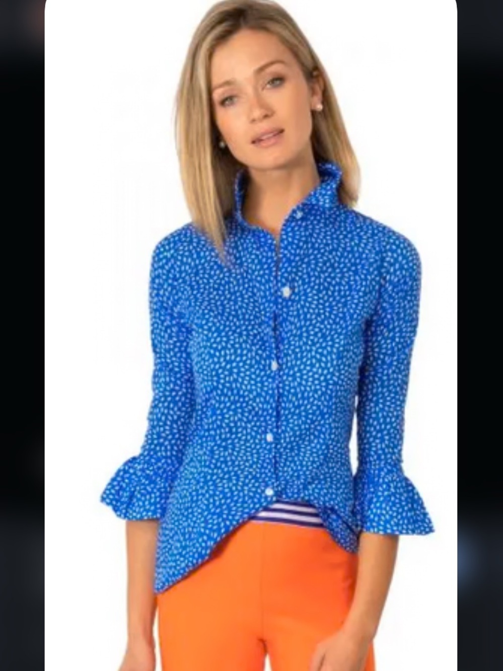 New Gretchen Scott Priss Blouse button up ruffle 
$149 blue dot rare summer